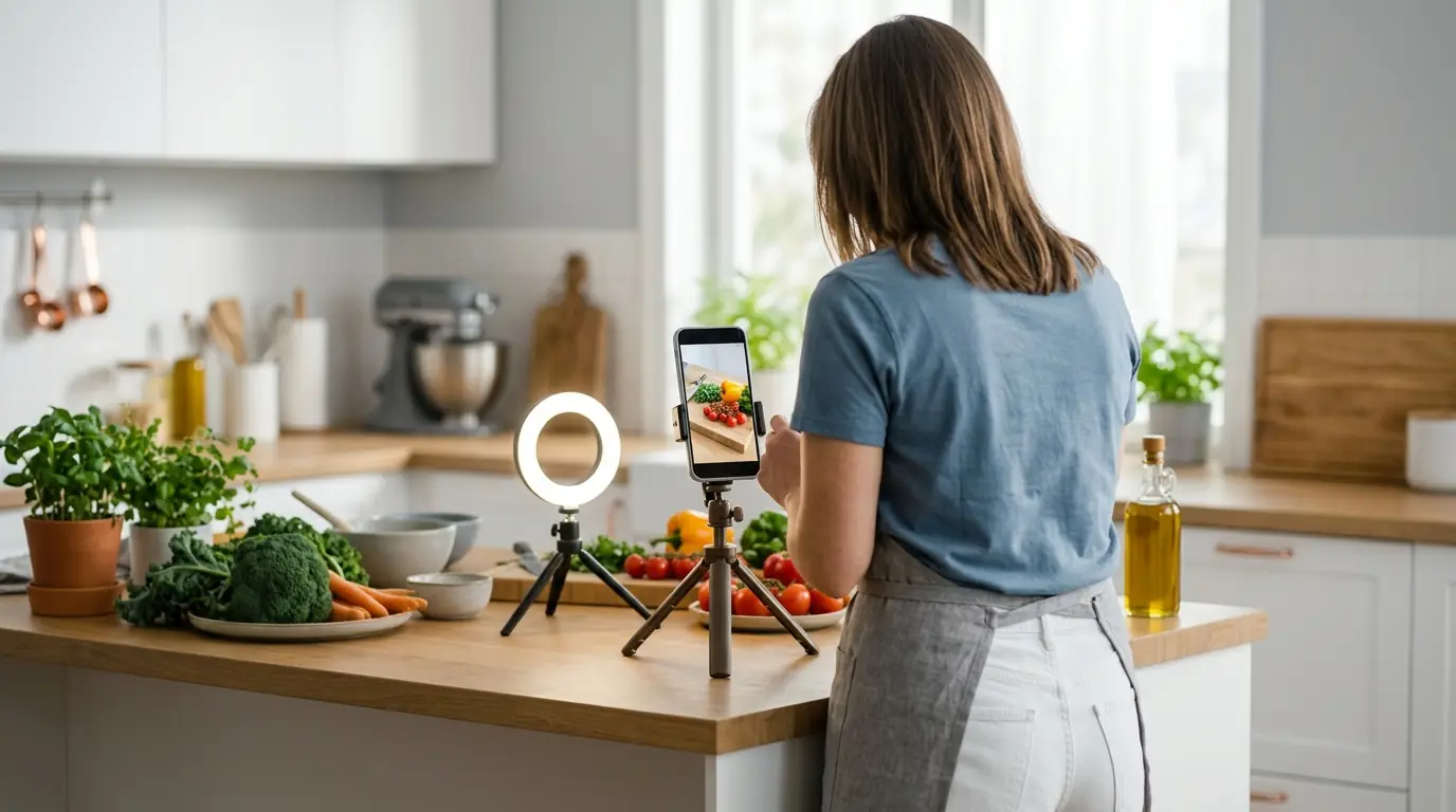A video creator, seen from behind, filming a kitchen scene with a phone on a tripod