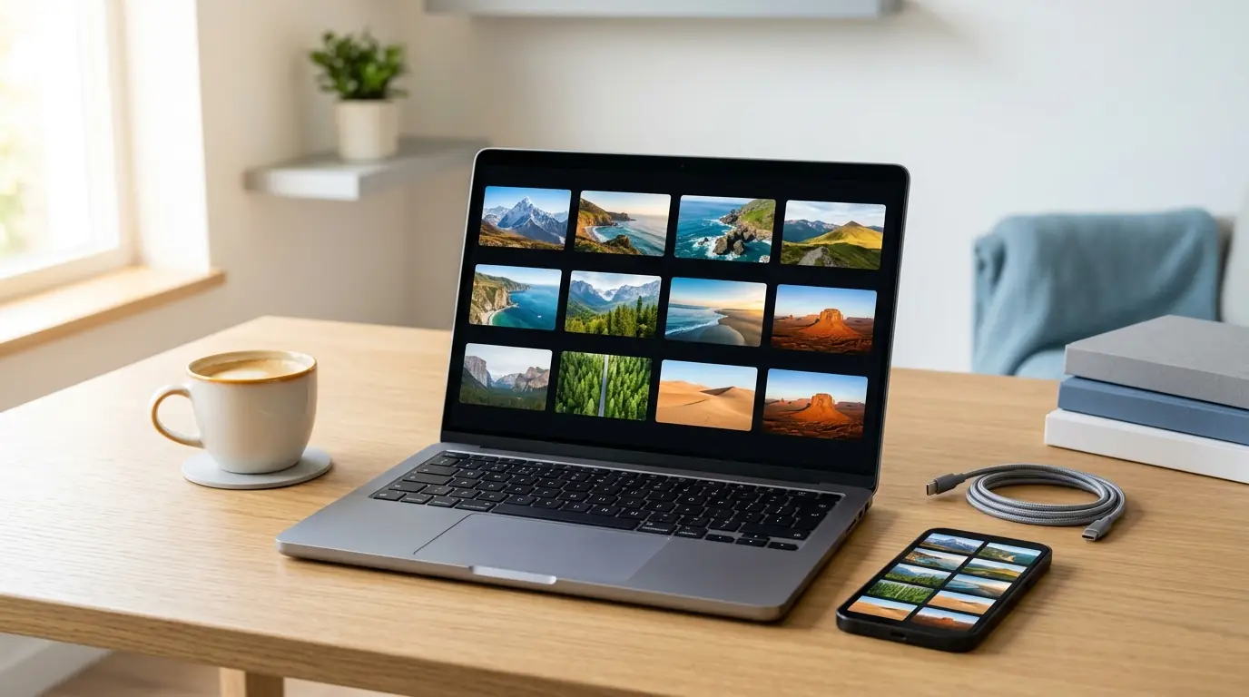 A laptop screen showing a grid of colourful video thumbnails next to a smartphone