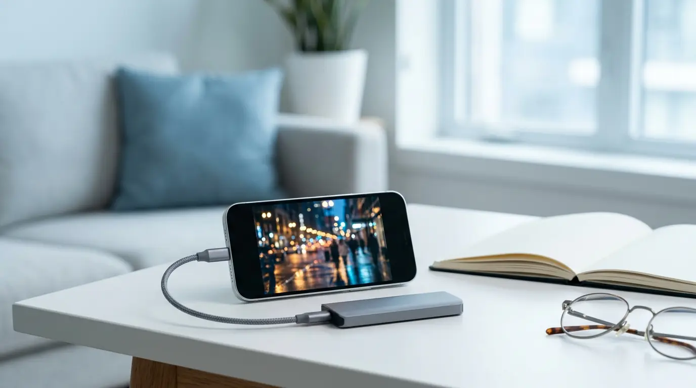 A smartphone connected by cable to a small external drive on a desk