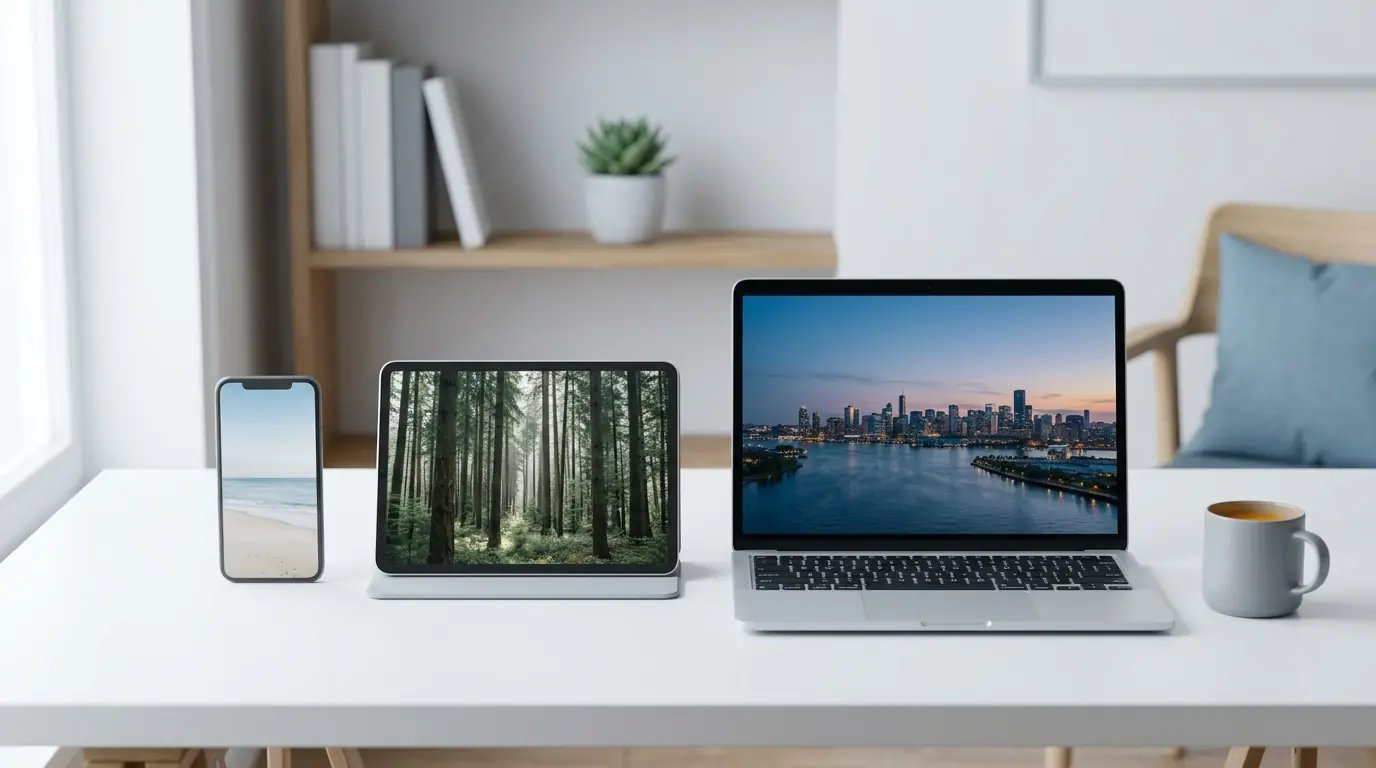 A smartphone, a tablet and a laptop side by side on a white desk