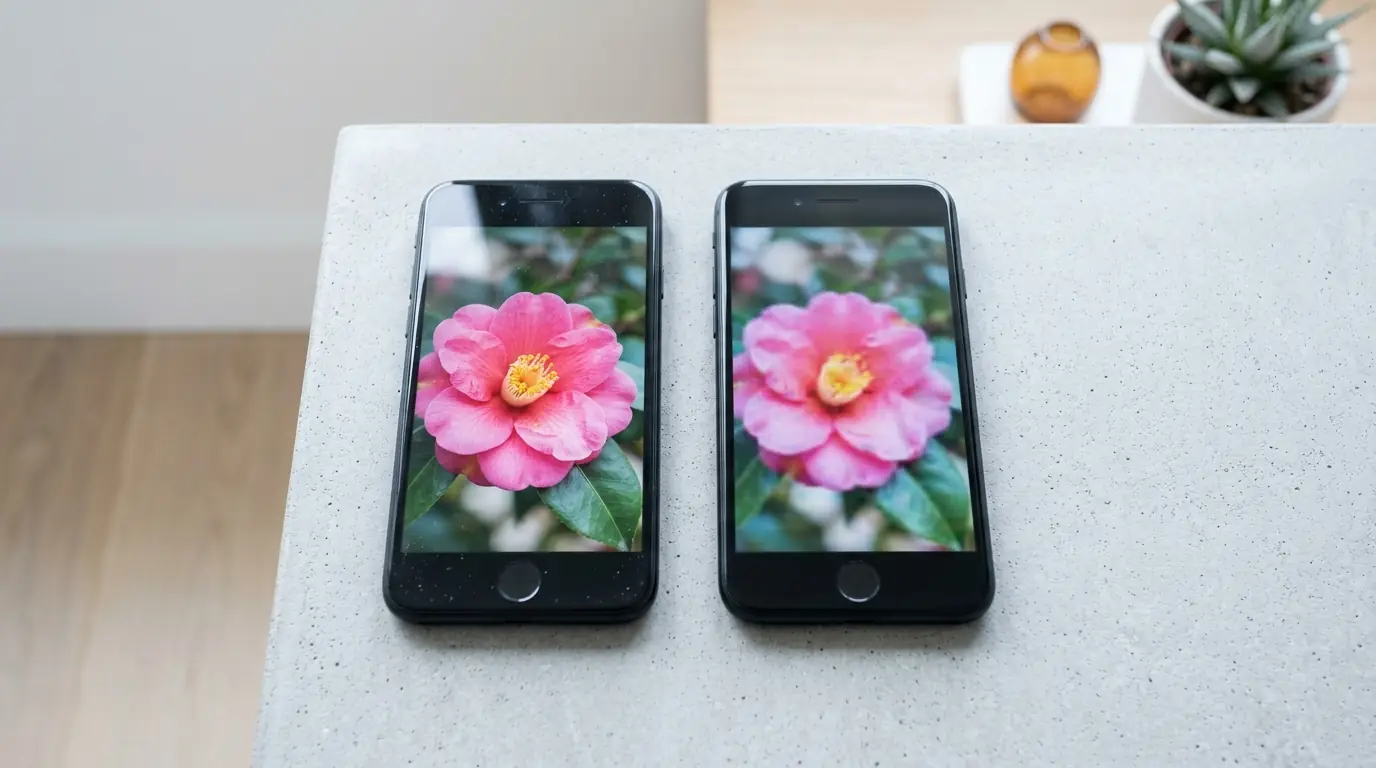 Two smartphones side by side, one showing a sharp flower video and one a blurry version